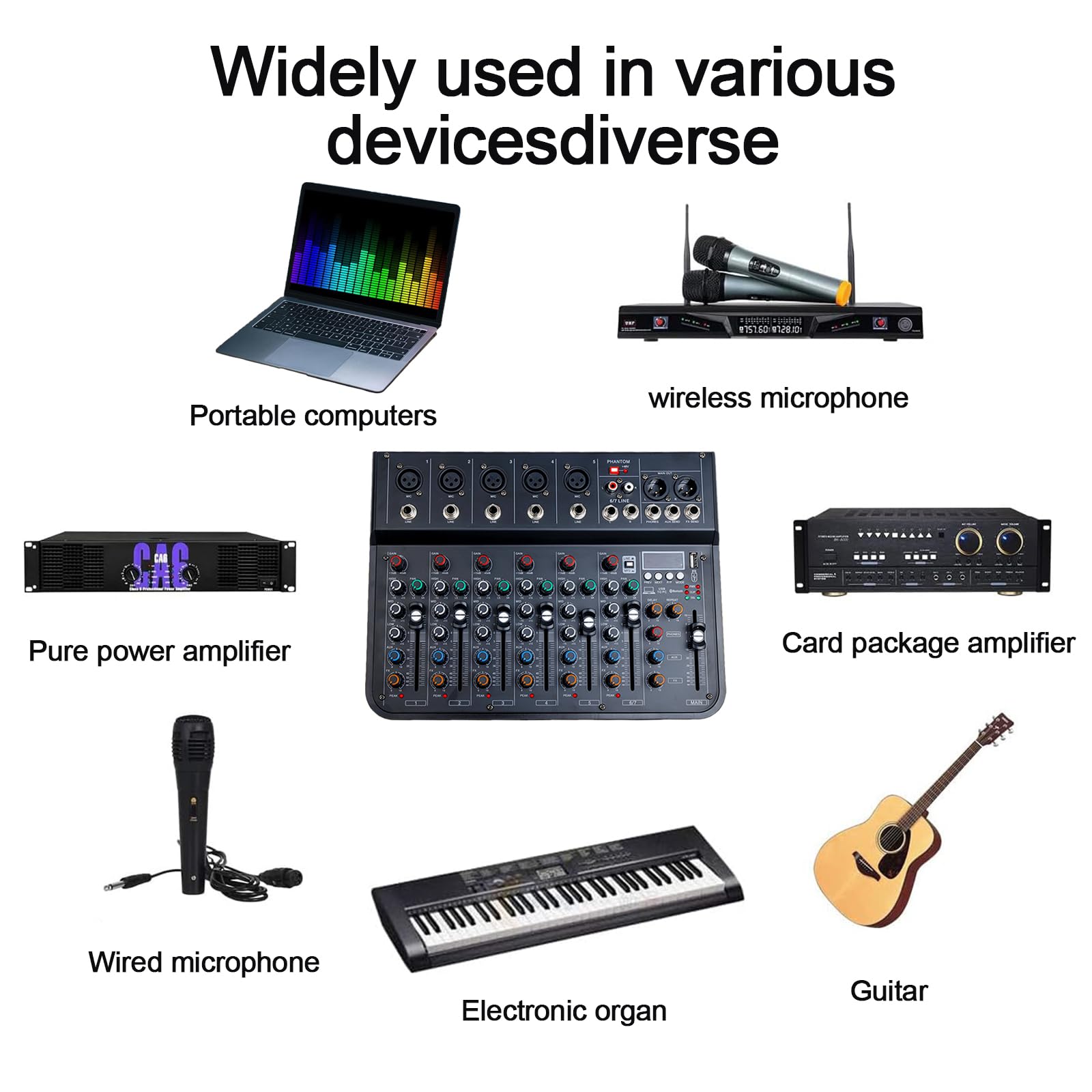 Jindaaudio 7 Channel mixer, DJ Mixer Board, Audio Sound Card with Interface Recording and 48V Phantom Power, Sounds Mixer Board with FX Reverb Delay Effect for Streaming