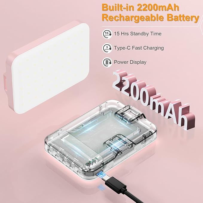 Hagibis LED Camera Light Video Lights Portable Photography Lighting 60 LED 2200mAh Rechargeable Selfie Light 7 Modes, 10-Level Brightness, Portable Clip on Light for Phone/Tablet/Laptop, Pink