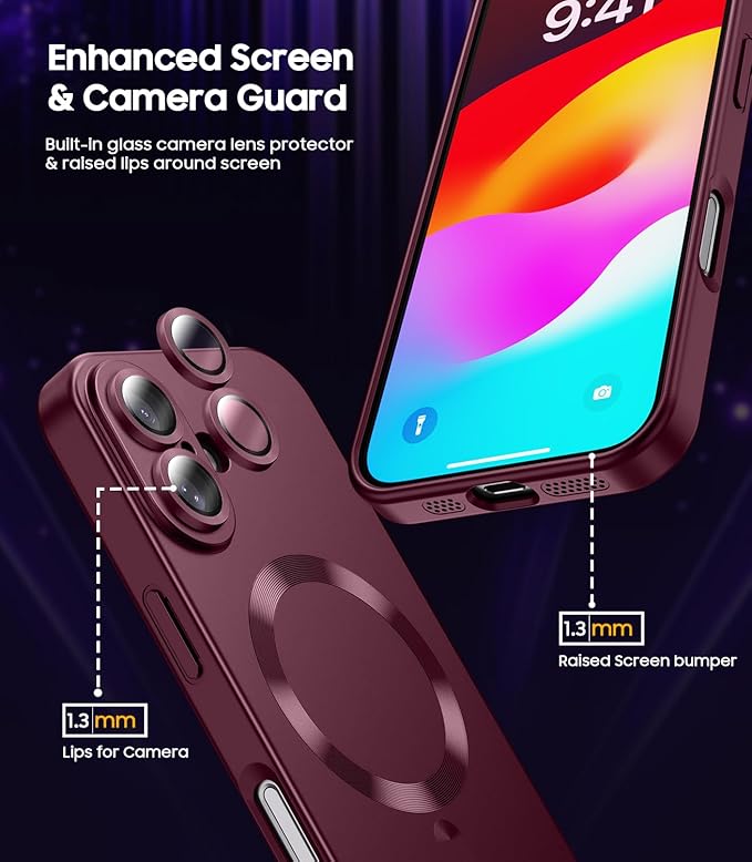 Magnetic for iPhone 16 Plus Case [Compatible with MagSafe][Built-in Camera Lens Protector] Slim Soft Silicone Bumper Shockproof Metallic Luster Phone Case (Burgundy)