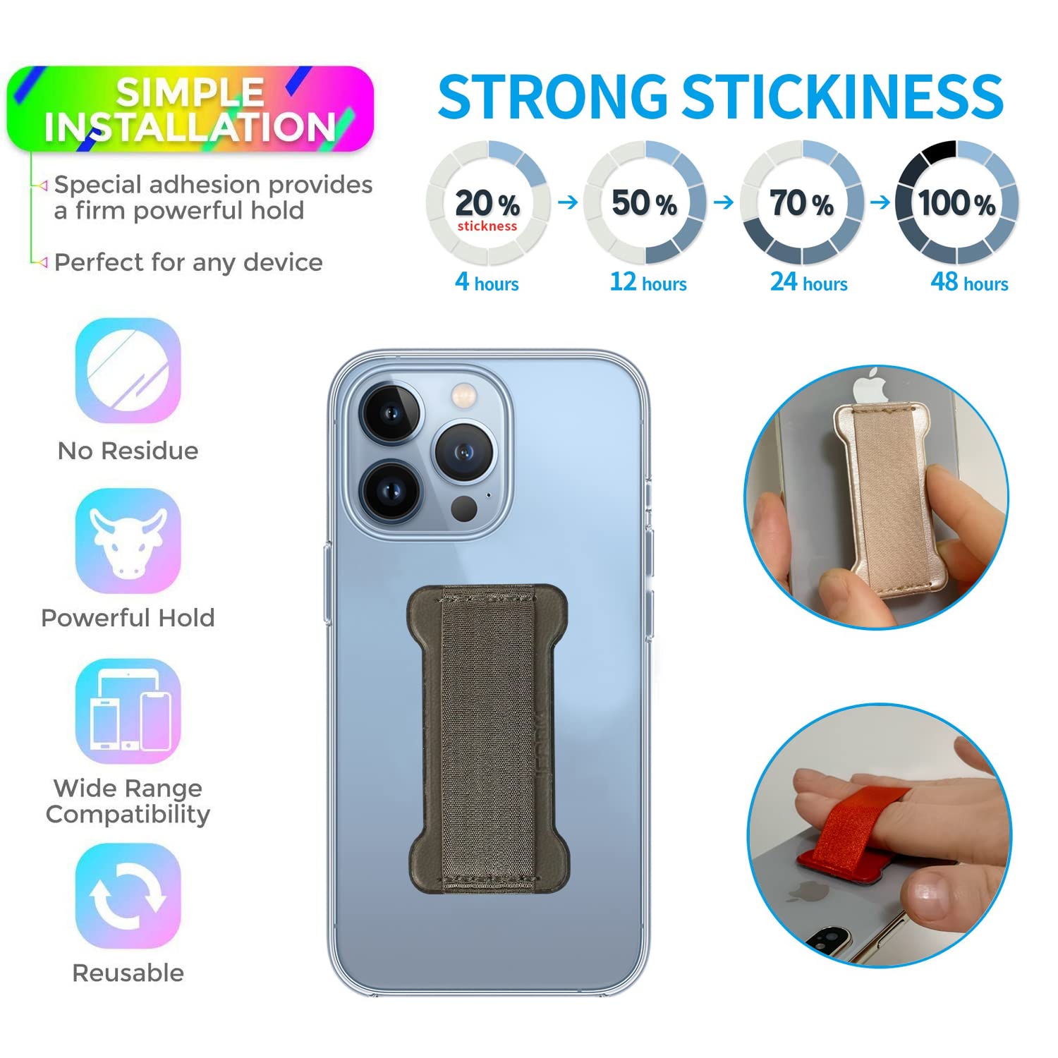 WUOJI Phone Grip Holder for Hand, Universal Finger Strap Phone Holder, Finger Selfie Grip Compatible with Most Smartphones (Gary) - 2Pack