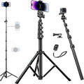 80" Phone Tripod, Selfie Stick Cellphone Tripod, Aluminum Tripods Stand for Video Photo Vlog, Travel Tripods with Gooseneck Remote Phone Holder, Compatible with iPhone Android Smartphone