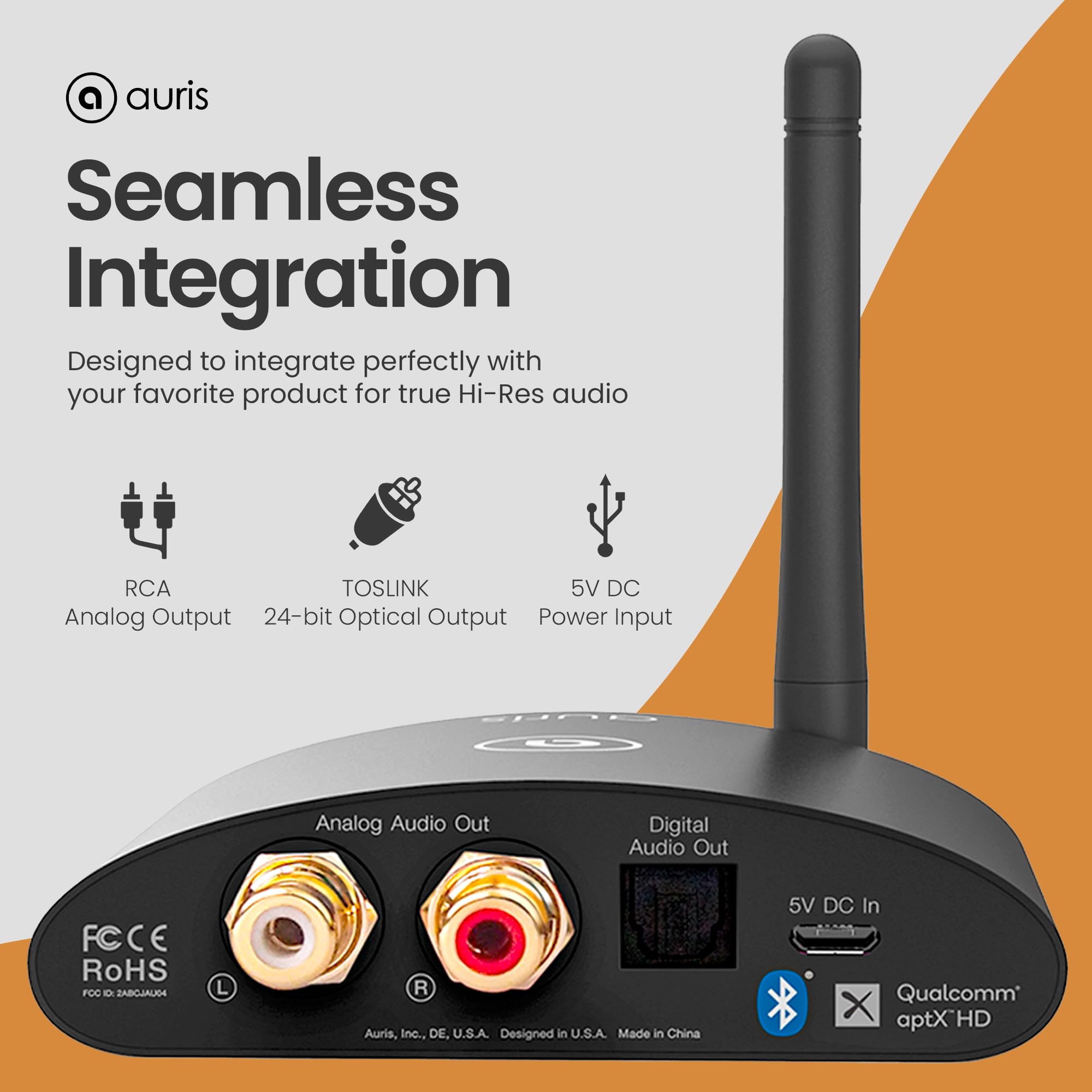 Auris Blume HD Long Range Bluetooth 5.3 Music Receiver Hi-Fi Audio Adapter with Audiophile DAC, LDAC & AptX HD for Home Stereo, AV Receiver or Amplifier