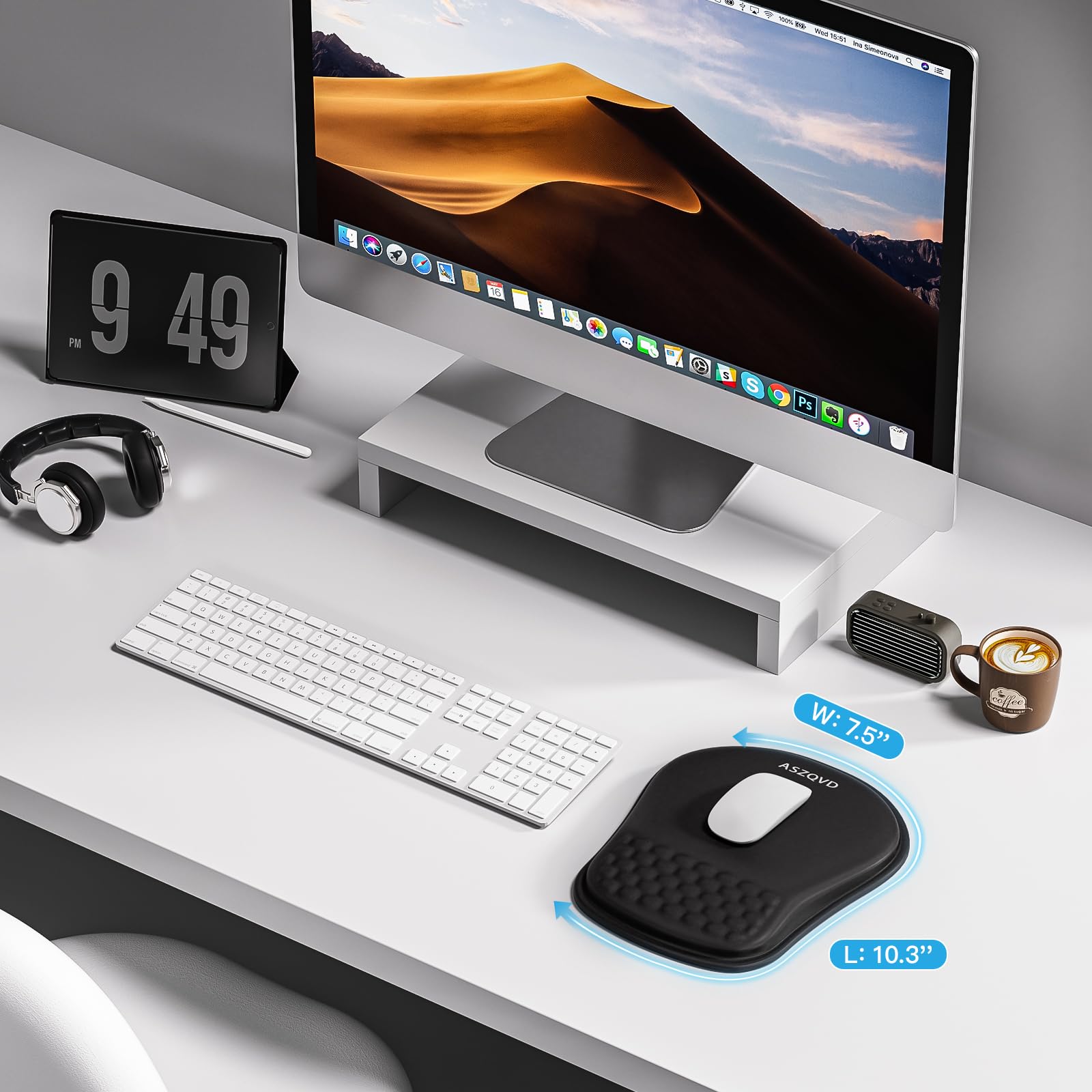 Aszqvd Mouse Pad with Wrist Rest, Ergonomic Mousepads with Wrist Support, Soft Lycra Fabric Memory Foam Office Desk Accessories for Comfort/Pain Relief/PC Gaming/Computer/Laptop (Black)