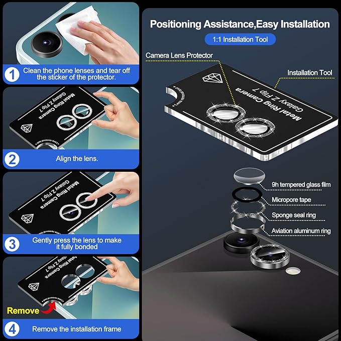 for Samsung Galaxy Z Flip 7 Camera Lens Protector, Individual Metal Ring Tempered Glass Lens Cover, [Strong Adsorption] Scratch Resistant Ultra-Thin HD Clear Lens Cover, 1 Set-Black Sparkly