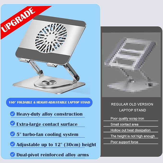 Laptop Cooling Pad 360° Rotating Laptop Stand with 5" Turbo Cooling Fan, 2 Adjustable Angle and 0-12 inches Tall Adjustable Cooling Pad Fits 10-17.3" laptops Pads