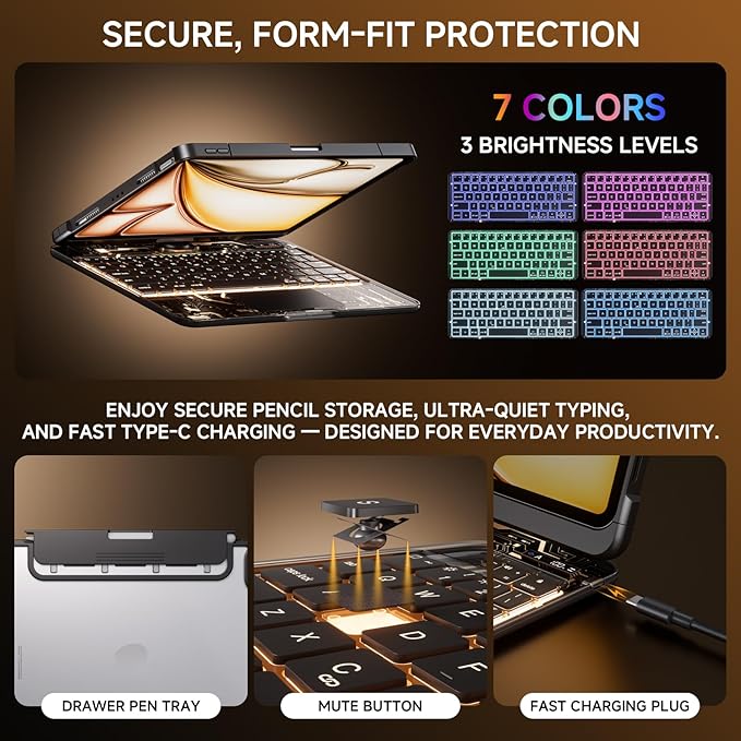 Transparent Case with Keyboard for iPad Air 13 Inch (M3/M2, 2025/2024), iPad Pro 12.9 Inch (6/5/4/3 Gen),7-Color Backlit,Magic Wireless Keyboard, 360°Rotating,with trackpad,Pencil Holder,Black