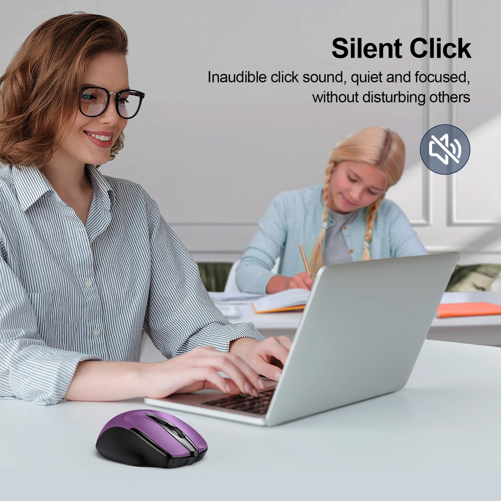 TECKNET Wireless Mouse, BT 5.0/2.4G, Silent 4800 DPI 6 Buttons, Purple