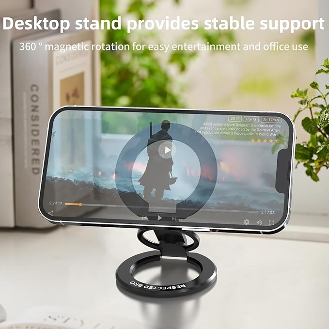 RESPECTED BRO-Magnetic-Phone-Ring-Holder with Dual Rings, Compatible with iPhone 16/15/14/13/12, Multifunctional Stand for Desk,Office,Gym,Kitchen & All Metal Surfaces, Finger Loop Grip (Black)