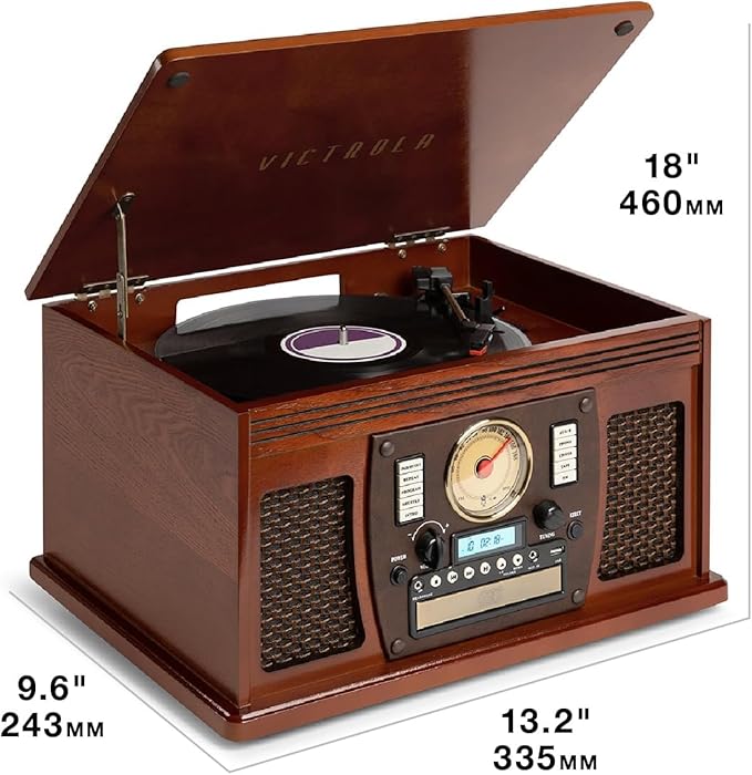 Victrola Navigator 8-in-1 Bluetooth Record Player with Built-in Speakers – 3 Speed Turntable, CD Player, Cassette, FM Radio, USB, RCA Out, Headphone Jack, Wireless Music Streaming, Real Wood (White)