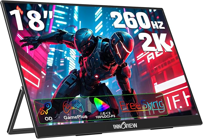 InnoView 18 Inch 260Hz Portable Gaming Monitor,2K QHD 100% DCI-P3 Portable Monitor Gameplus HDR FreeSync Laptop Monitors,Portable Screen for PC Phone Game Console