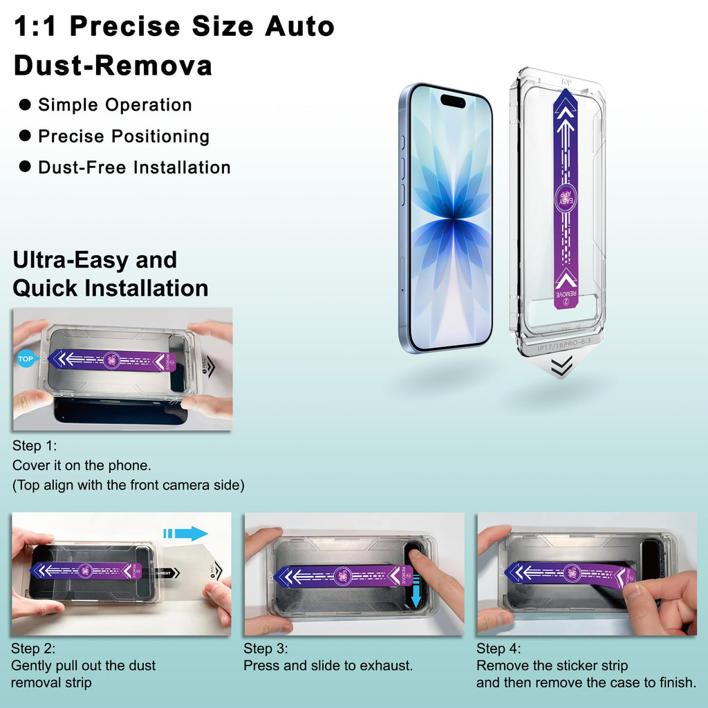 SHANG PIN JIA 2 Pack Tempered Glass Screen Protector for iPhone 17/16 Pro 6.3-Inch with Auto Dust Removal, No Bubbles, High Definition Clear, Easy Installation