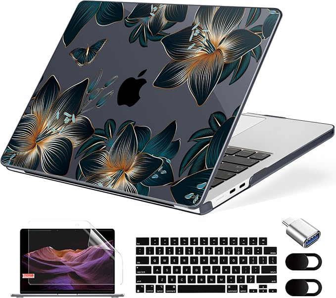 Compatible with MacBook Air 13.6 inch Case, M4 A3240/M3 A3113/M2 A2681 (Released 2025 to 2022), Hard Shell, Keyboard Cover, Screen Protector, Webcam Cover & Type-C Adapter, Golden Lilies