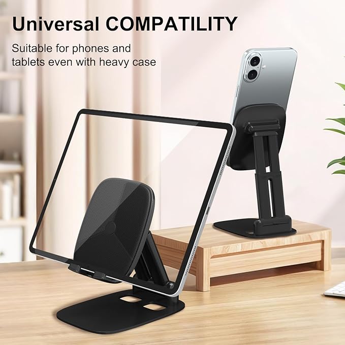 DEERLAMN Cell Phone Stand for Desk, Height Adjustable Cell Phone Holder Portable Desktop Stand, Travel Home Office Desk Accessories Compatible with iPhone 16/15/14/13/12/11 All Smartphone - Black