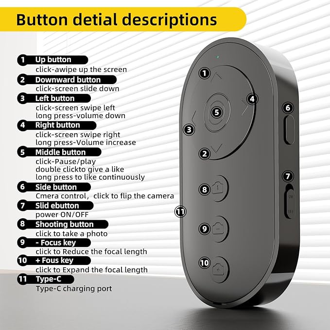 Bluetooth Camera Remote Shutter with Zoom and Camera Switch for Photo and Vlogging, Cellphone Remote Clicker for iOS & Android Smartphone, Wireless Video Scrolling with Metal Phone Stand for Tiktok