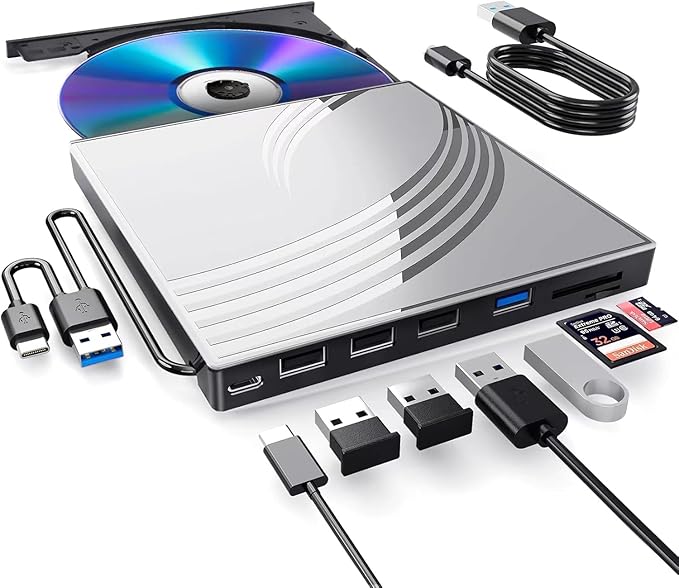 External CD/DVD Drive for Laptop, Ultra Slim CD Burner USB 3.0 Hub with 4 USB Ports, 2 TF/SD Card Slots,1 Type-C Port,DVD Player for Laptop Compatible with mac OS/Windows/Linux (Silver)