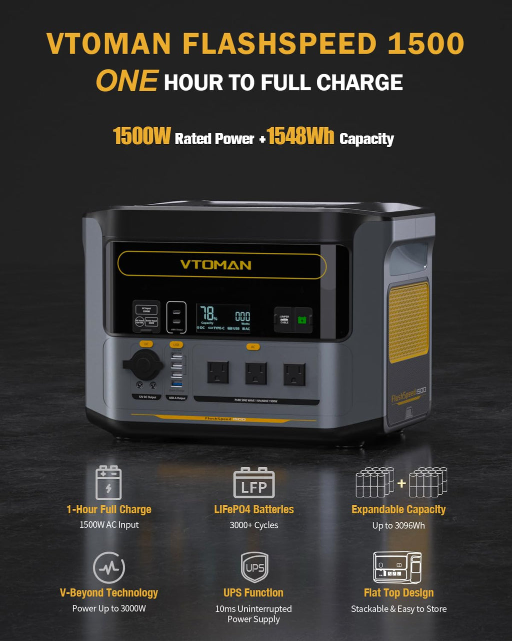 VTOMAN FlashSpeed 1500 Solar Generator, 1548Wh LiFePO4, 3000W peak ouput