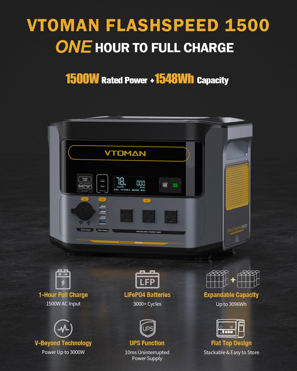 VTOMAN FlashSpeed 1500 Solar Generator, 1548Wh LiFePO4, 3000W peak ouput