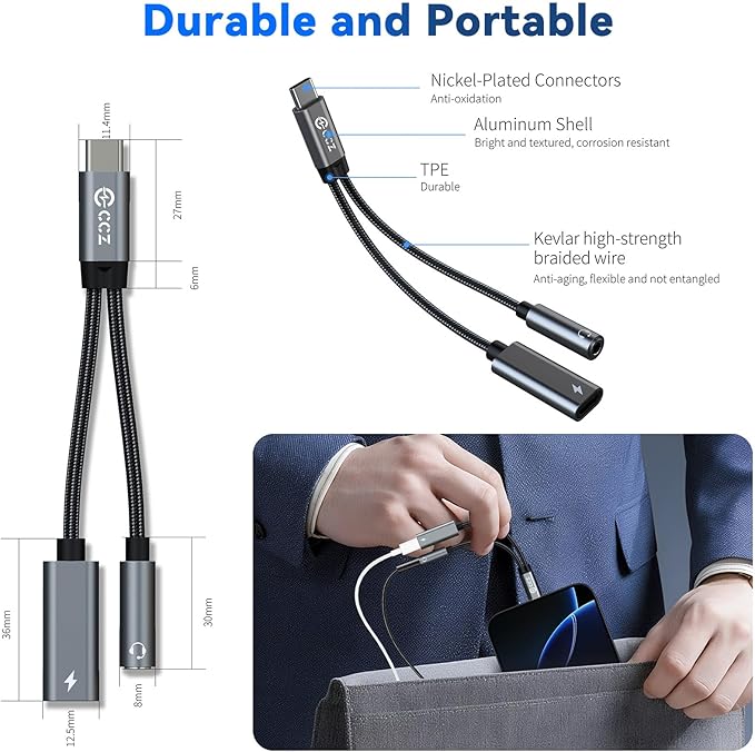 5PCS USB C Splitter for KZ ZS10 PRO, CCZ CA01 USB C to 3.5mm Audio Headphone and Charger Adapter, Type C Headphone Splitter 1 in 2 Out, Dongle Audio Cable DAC for Samsung Galaxy S25/S24 (USBC-3.5MM)
