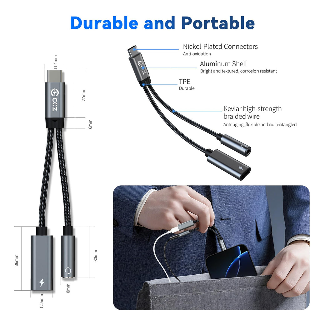 USB C Splitter for KZ ZS10 PRO, CCZ CA01 USB C to 3.5mm Audio Headphone and Charger Adapter, Type C Headphone Splitter 1 in 2 Out, IEM Cable DAC Dongle for Samsung Galaxy S25/S24/S23/S22 (USBC-3.5MM)