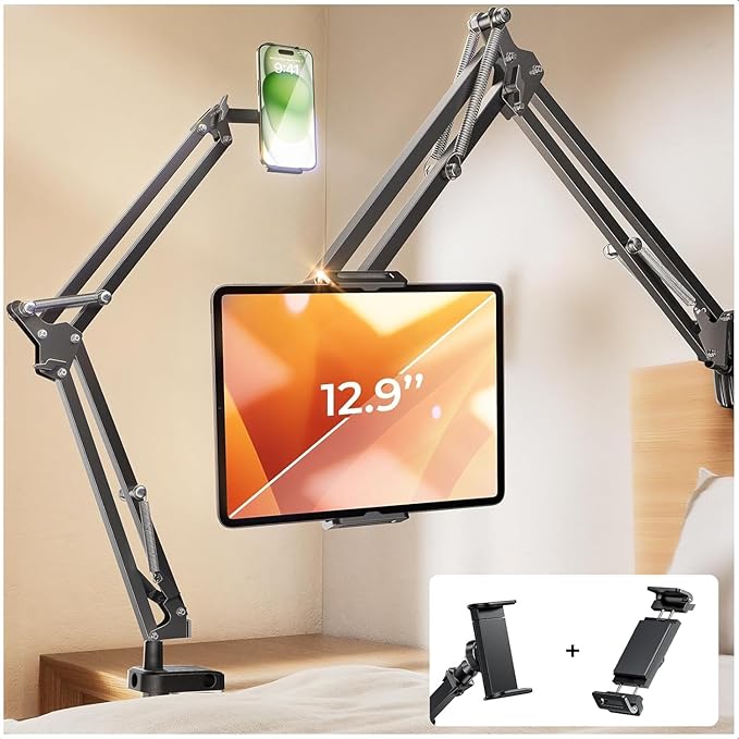 LISEN Tablet Stand Phone Holder iPad Holder for Desk Mount[Ultra Sturdy] 2 Clamps Kindle Holder for Bed Gooseneck Phone Tablet Holder Mount Phone Stand fits iPhone iPad Mini 7 Kindle 4-13" Device