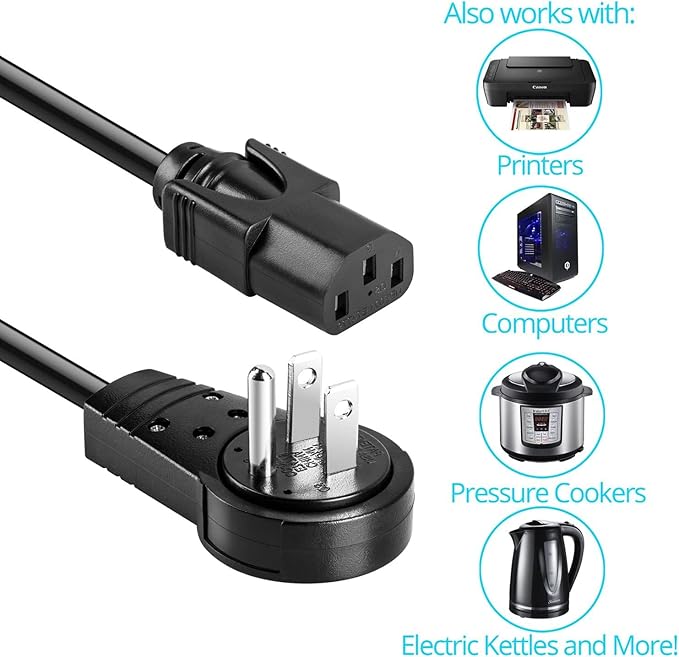 Maximm Monitor Computer Power Cord 5 Ft Flat Plug 360° Rotating PC Cable 3 Prong for, Desktop, Printer, Scanner, 16 AWG NEMA 5-15P to IEC13 - UL Certified