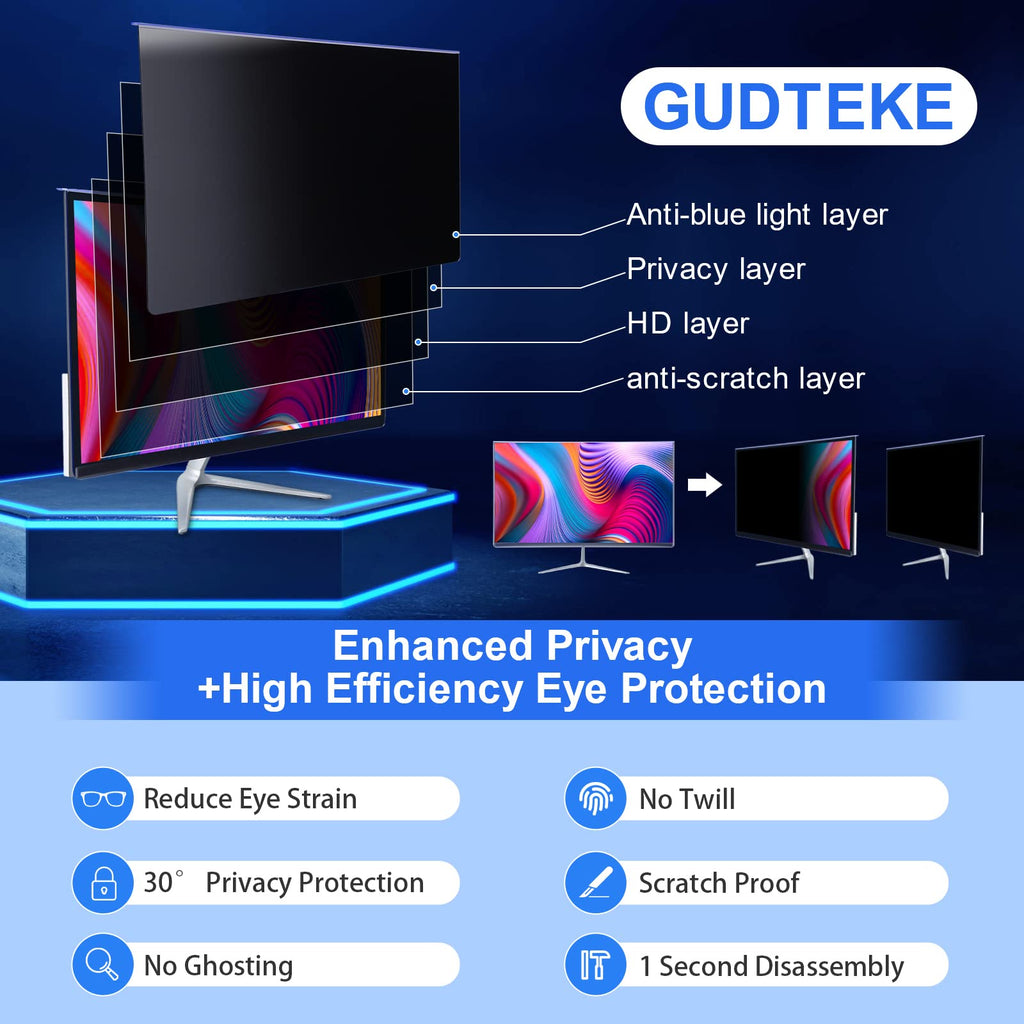 GUDTEKE Computer Privacy Screen Filter 24" Hanging Privacy Screen Protector Compatible Widescreen Computer Monitor with Aspect Ratio 16:9,Anti-Glare Privacy Screen Protector for 23.6" 23.8" Monitor