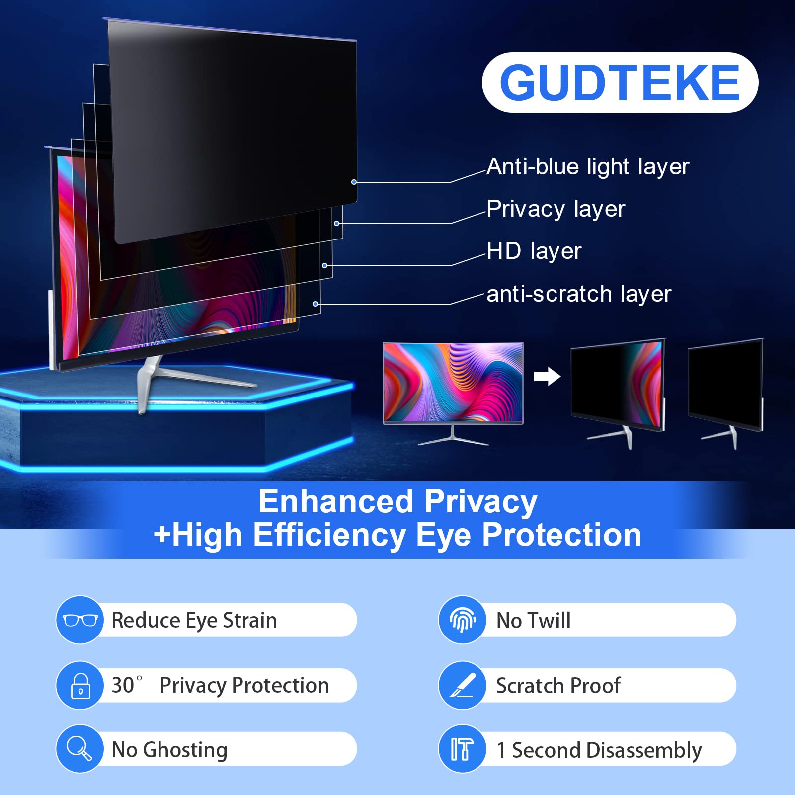 GUDTEKE Computer Privacy Screen Filter 24" Hanging Privacy Screen Protector Compatible Widescreen Computer Monitor with Aspect Ratio 16:9,Anti-Glare Privacy Screen Protector for 23.6" 23.8" Monitor