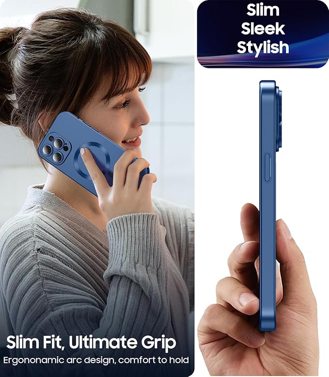 Magnetic for iPhone 15 Pro Max Case [Compatible with MagSafe][Built-in Camera Lens Protector] Slim Soft Silicone Bumper Shockproof Metallic Luster Phone Case (Blue)
