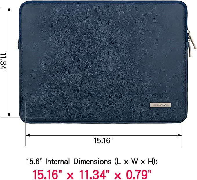 RAINYEAR 15.6 Inch Laptop Sleeve Protective Case PU Suede Leather Zipper Padded Cover Water Resistant Carrying Bag Compatible with 15.6" Notebook Computer Chromebook(Deep Blue)