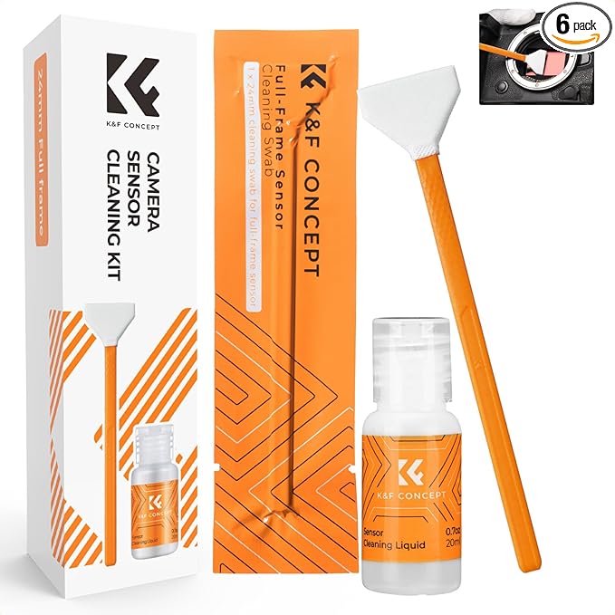 K&F CONCEPT 24mm Full Frame Sensor Cleaning Swab*6 + 20ml Sensor Cleaner, DSLR SLR Digital Camera CMOS and CCD Sensor Cleaning Swab Kits for Nikon Sony Canon Camera Clean