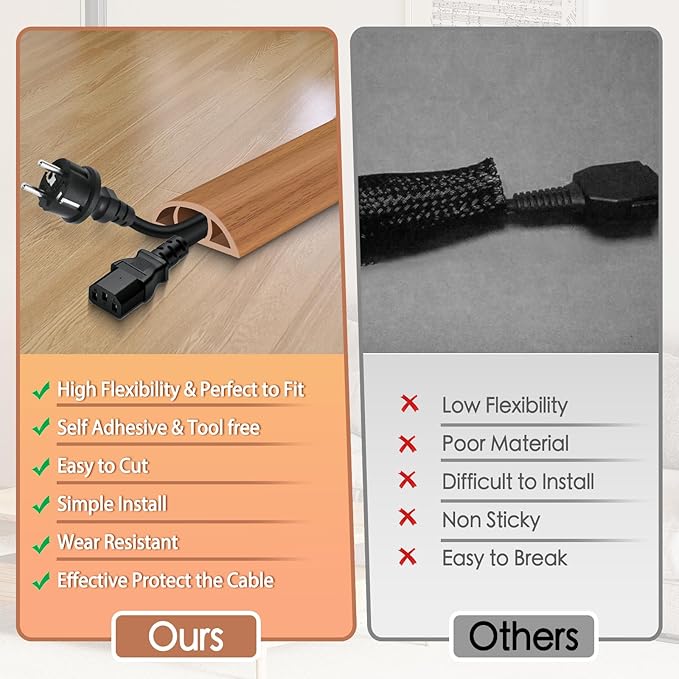 Floor Cord Cover for Wires on Floor Self Adhesive Cord Hider Floor Cable Management Wire Covers for Cords Protector Prevent Cable Trips Cord Cavity W 0.47" x H 0.27", Brown Wood, 10Ft