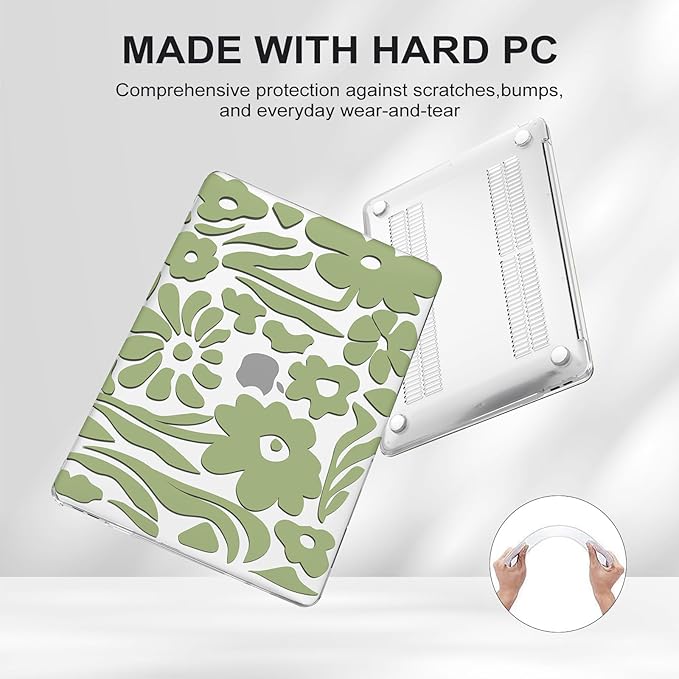iCasso Compatible with MacBook Air 13 inch Case 2020-2018 Release M1 A2337 A2179 A1932, Green Flower Protective Hard Shell Case +Keyboard Cover + Screen Protector（Flower）