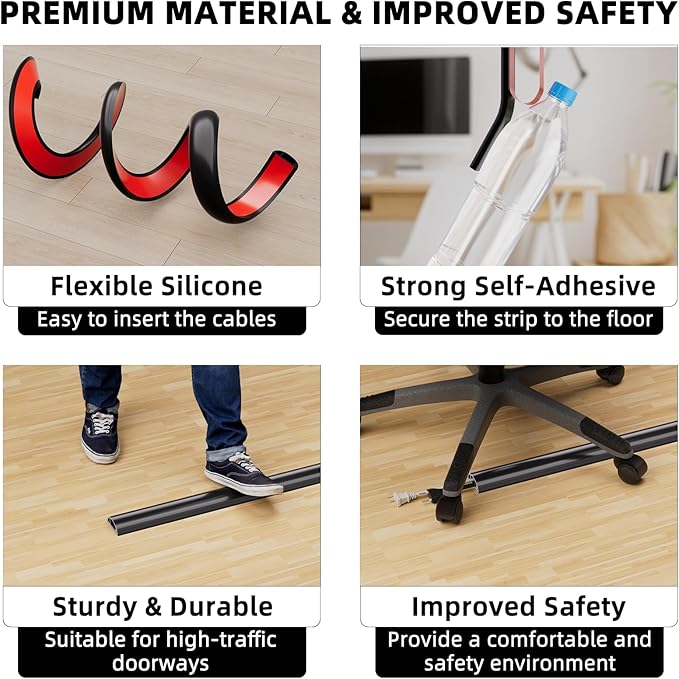 4ft Floor Cord Cover, Silicone Wire Hider, Hide Extension Cords, Protect Cords, Prevent Cable Trips, Heavy-Duty Adhesive-Backed Anti-Trip Cable Protector for Floor, Desk & Wall