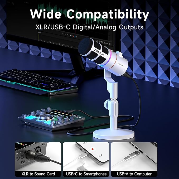 COMICA EJoy D10(D) USB Gaming Microphone – RGB Dynamic Mic with Noise Cancellation, XLR/USB-C, Real-Time Monitoring, Muting, Professional Studio Mic for Gaming, Streaming, Podcast, Recording (White)