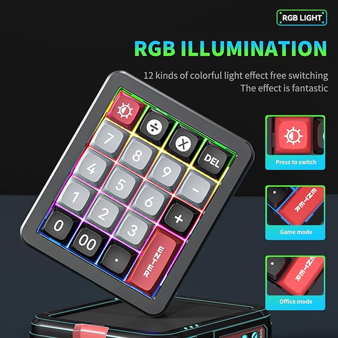 Adventurers K812 Wired Mechanical Numeric Keypad, 19-Key Hot-Swappable RGB Numpad, Macro Programmable, Detachable Type-C Cable, Game/Office Mode Switch – for PC/Laptop/Desktop (Black)