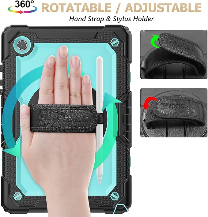 SEYMAC stock Case for Samsung Galaxy Tab A8 10.5'', Full-Body Drop Protection Case with Screen Protector Pencil Holder [360° Rotating Hand Strap] &Stand, SkyBlue+Black