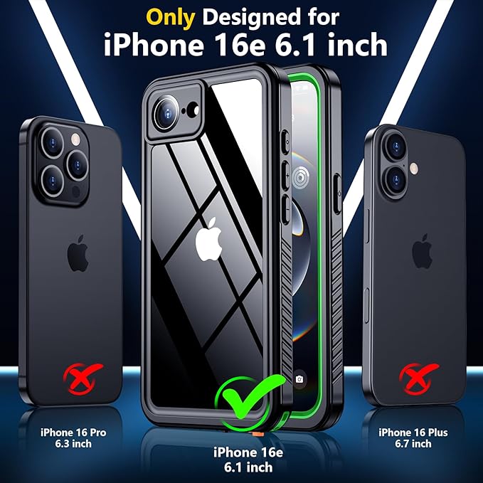 SPIDERCASE for iPhone 16e Case Waterproof,Built-in Screen & Camera Lens Protector[IP68 Underwater] [Military Grade Shockproof] Cell Phone Home Button Stickers, Green/Clear