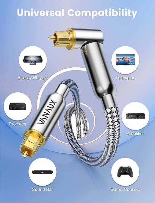 VANAUX 90-Degree Optical Audio Cable 15FT,Premium Fiber Optic Toslink Cable(24K Gold-Plated Connectors,Aluminum Alloy Shell,Braided Jacket)Ideal for Tight Spaces,Home Theater,Soundbars,Gaming Consoles