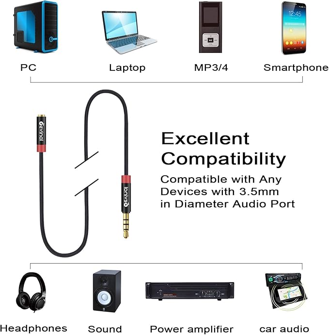 Devinal 3.5mm TRRS Headphone Extension Cable, 1/8" inch Female 4-Pole to Male Extension Cord, Mini-Jack Aux Stereo Audio Connector 6.6Ft/2M (2 Pack)