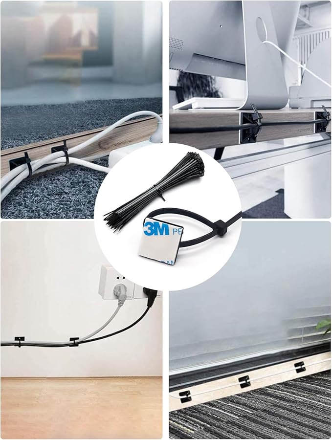 Cable Management Kit - 100 Set Adhesive Cable Zip Tie Mounts with 8" Zip Ties | UV Resistant Wire Organizers for Indoor/Outdoor Use - White