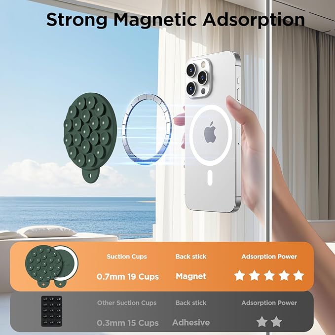 Magnetic Suction Cup Phone Mount for MagSafe Case, Silicone Hands-Free Phone Grip Holder for iPhone and Android, Mirror Shower Phone Stand for Makeup FaceTime Gym Kitchen Bathroom, Alpine Green