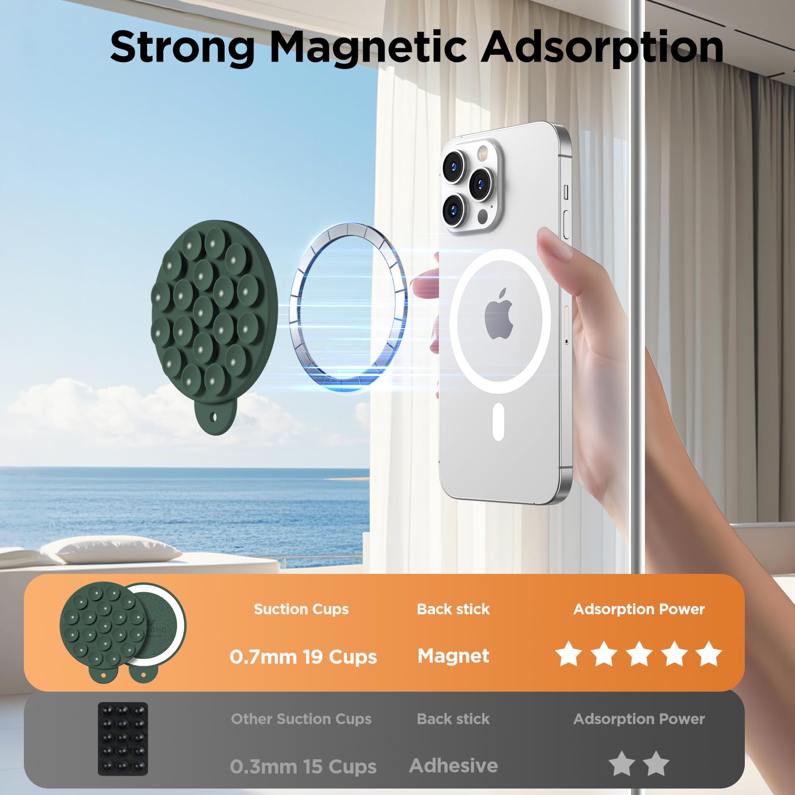 HSAOHD Magnetic Suction Cup Phone Mount, Compatible with MagSafe, Silicone Octo Cup Buddy Sticky Grip Holder for iPhone and Android, Removable Hands-Free Selfie/Video for TikTok, Alpine Green