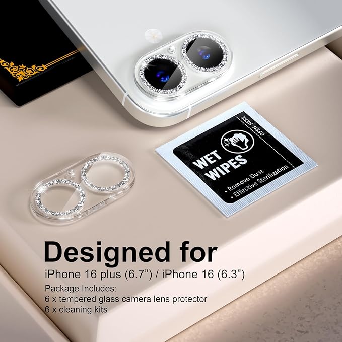beuxece for 6 Pack iPhone 16 / iPhone 16 Plus Camera Lens Protector [Drop Protection] [Case Friendly] [Easy Installation] 9H Tempered Glass Camera Screen Protector Cover Accessories, Glitter Silver