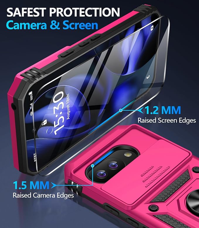 Taisairu for Google Pixel 9A Case with Screen Protector & Slide Camera Lens Cover,Built-in 360°Rotate Magnetic Ring Stand Shockproof Protective Phone Case for Google Pixel 9A Case(Hot Pink)