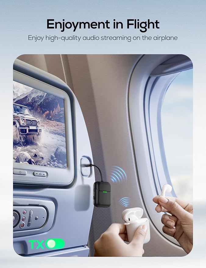 Nulaxy Air in-Flight Bluetooth Wireless Audio Transmitter Receiver for up to 2 AirPods Wireless Headphones, Bluetooth Adapter for All 3.5mm Aux Jacks on Airplanes, Black