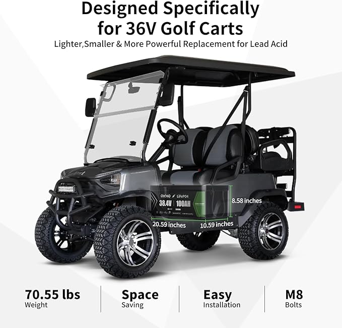 OKMO 36V 100AH Golf Cart Lifepo4 Lithium Battery with 43.8V 22A Charger, Built in 250A Bluetooth BMS, Peak Current 500A(3-5s), Perfect for Golf Cart