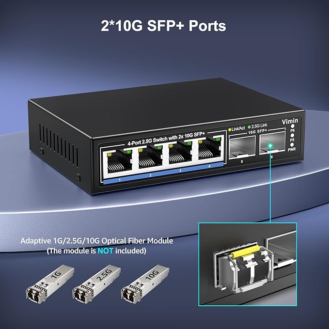 6 Port 2.5G Unmanaged Network Switch, VIMIN 4X 2.5Gbase-T Ports, 2X 10G SFP+ Port, 60Gbps Switching Capacity, IEEE802.3, Metal Housing, Fanless, Work for 2.5Gbps NAS, Wireless AP & PC