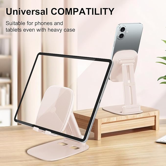 DEERLAMN Cell Phone Stand for Desk, Height Adjustable Cell Phone Holder Portable Desktop Stand, Travel Home Office Desk Accessories Compatible with iPhone 16/15/14/13/12/11 All Smartphone - Pink