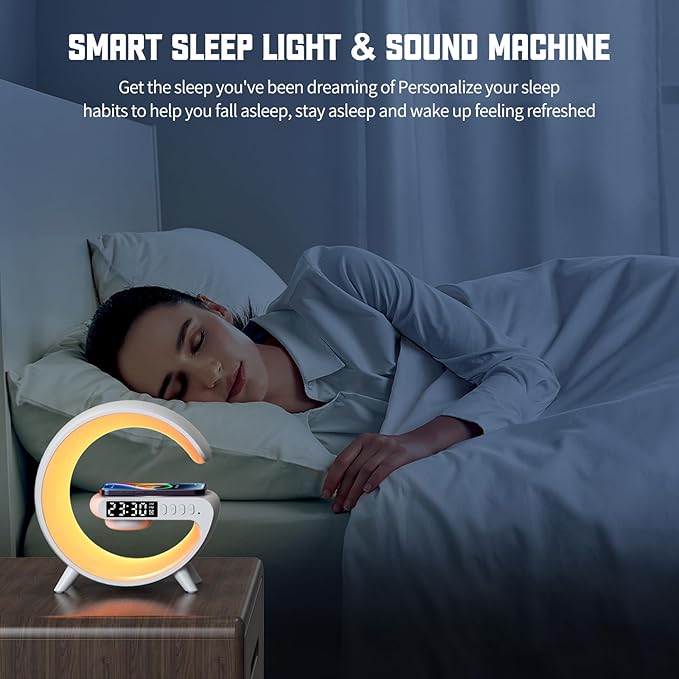 Mini LED Table Lamp with 4-in-1 Wireless Charger, Night Light, Sunrise Alarm Clock, Bluetooth Speaker, Smart Atmosphere Table Lamp for Bedroom, Office, Home Decor (Black)