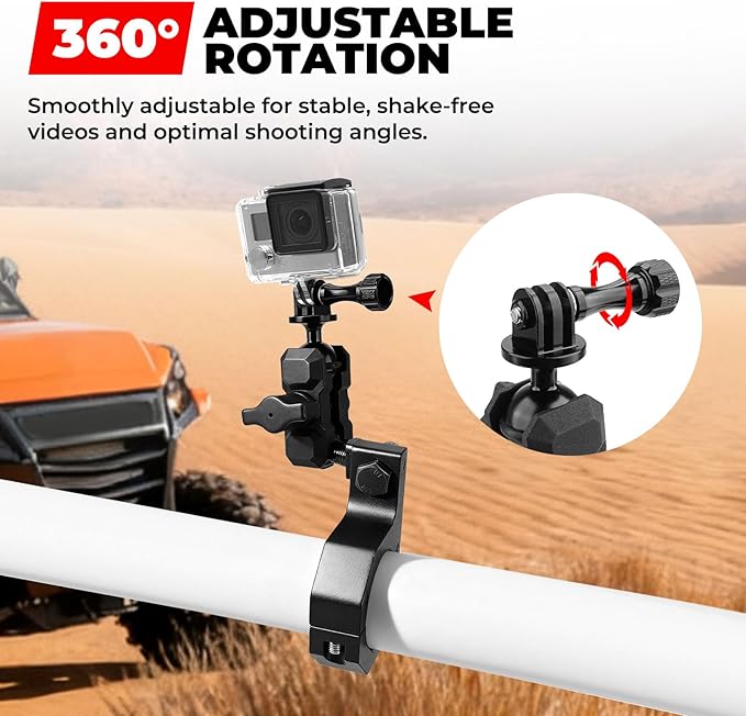 Jerbor Aluminum UTV ATV Camera Mount Holder 360° Compatible with 1.75"-2" Roll Bar and Tube, Fit for GoPro Hero,for Insta360 and Other Action Cameras